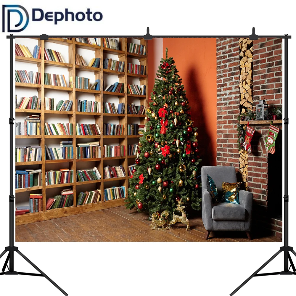 Фон для фотосъемки Рождественская елка книжная полка камин кирпичная стена фон