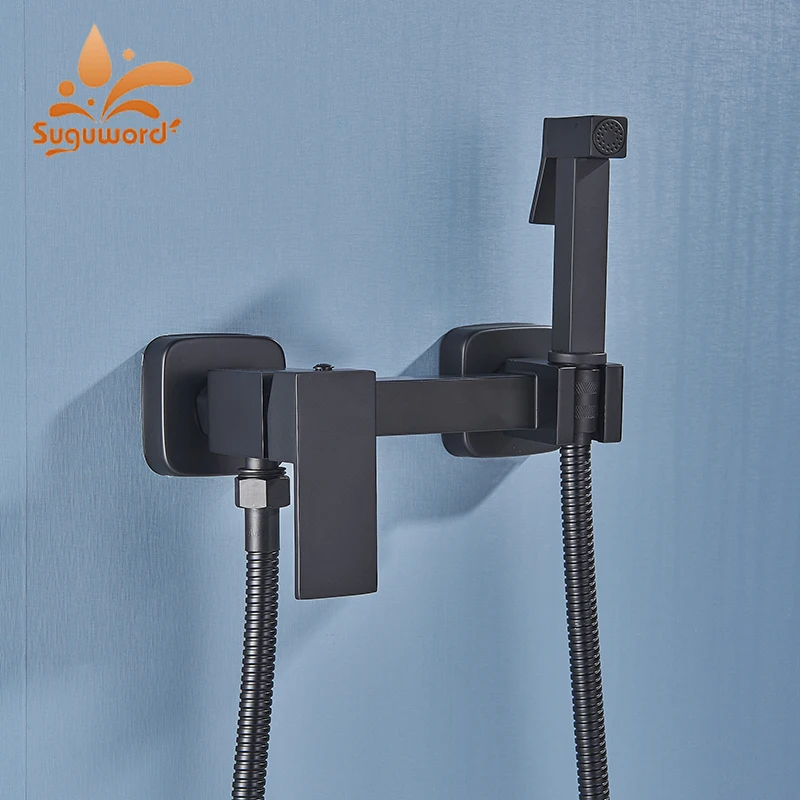 Suguword Matte Black Bidet Faucet Brass Shower Tap Hot Cold Water Washer Mixer Crane Toilet Sprayer Head Bathroom Accessories