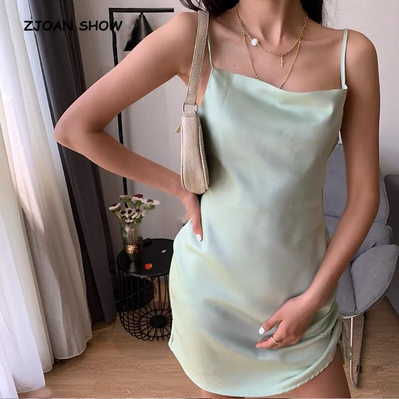 2020 пикантные как шелк спагетти ремень Лето обтягивающее летнее платье с рюшами и