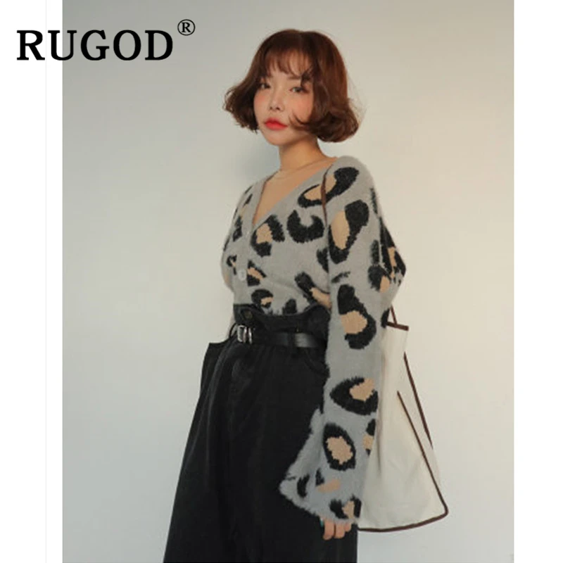 Женский кашемировый кардиган RUGOD вязаный с длинным рукавом и леопардовым принтом