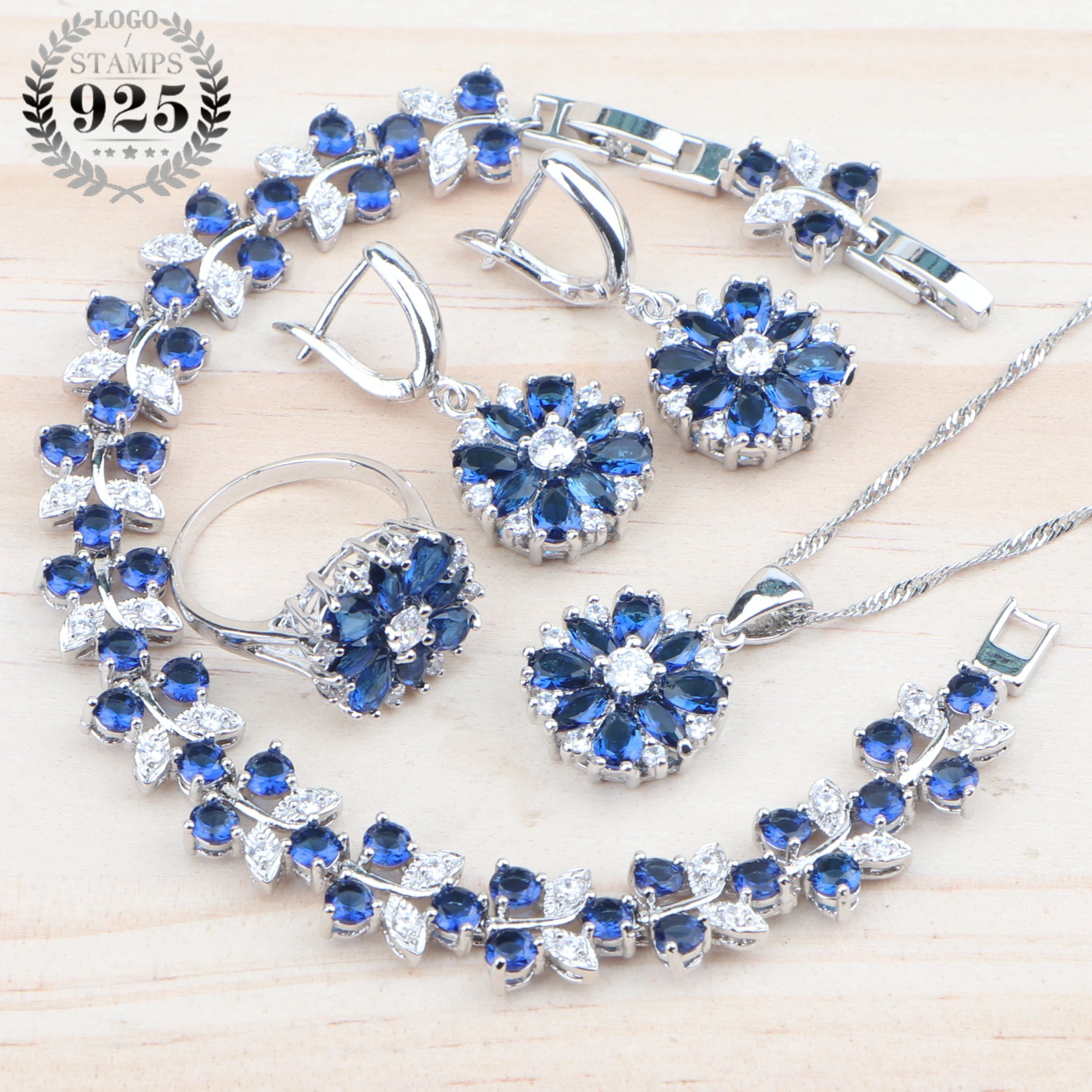 Набор украшений с синим цирконием для женщин костюм свадебные ювелирные изделия