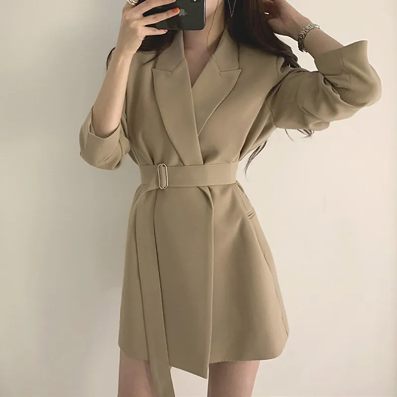 

2021 New Solid Color Women Work Blazer Jacket Casual Sashes Loose Suit Jackets Female Oversized Blazer Women Outwear