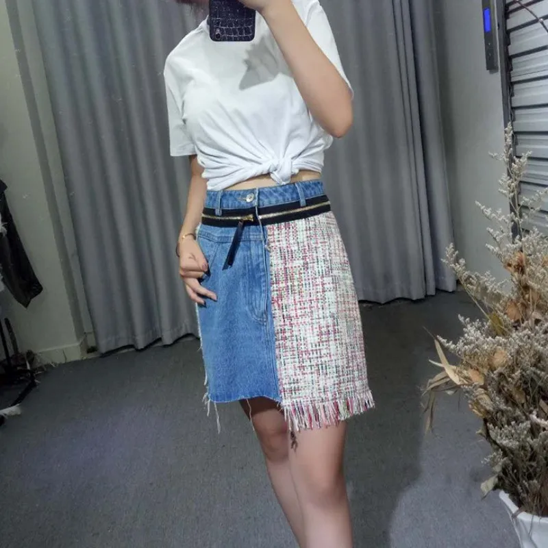 

Summer Women Zipper High Waist Patchwork Denim Skirt Sexy Mini Tassels Tweed Skirt Korean Irregular A Line Kpop Ladies Skirts
