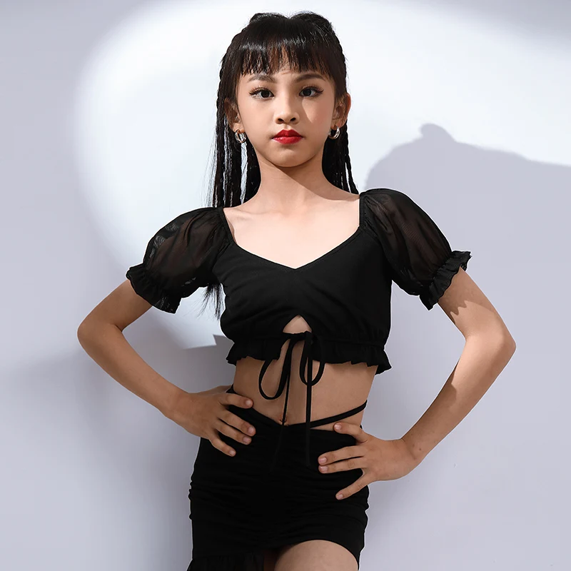 

New Latin Dance Practice Tops Girls Short Sleeve Professional Clothes Rumba Tango Clothing Samba Cha Cha Dance Shirt DWY5505