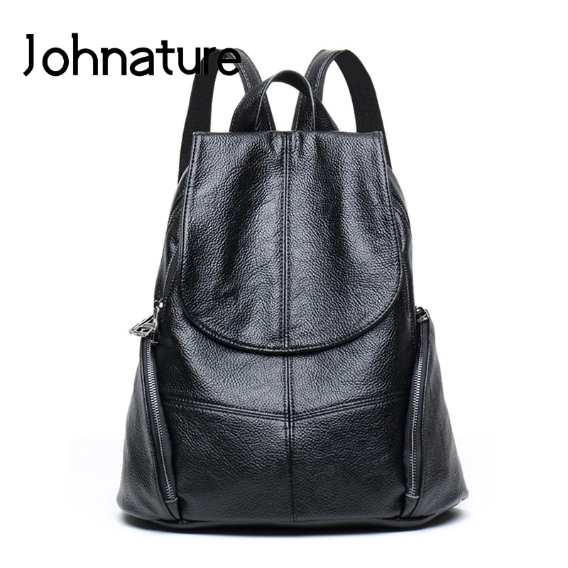 Johnature Fashion Bag 2022 New Genuine Leather Bagpack Women Large Capacity Travel Bags Leisure Solid Color Cowhide Backpack