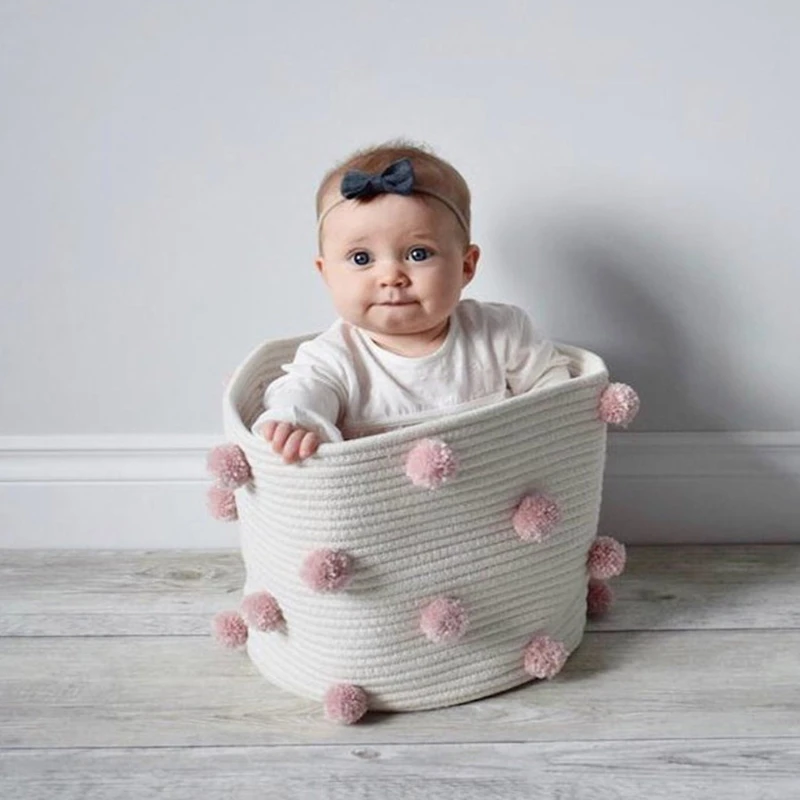 

Cotton Rope Storage Baskets 12" x 12" Woven Baby Cute Pompoms Orangizer Bins