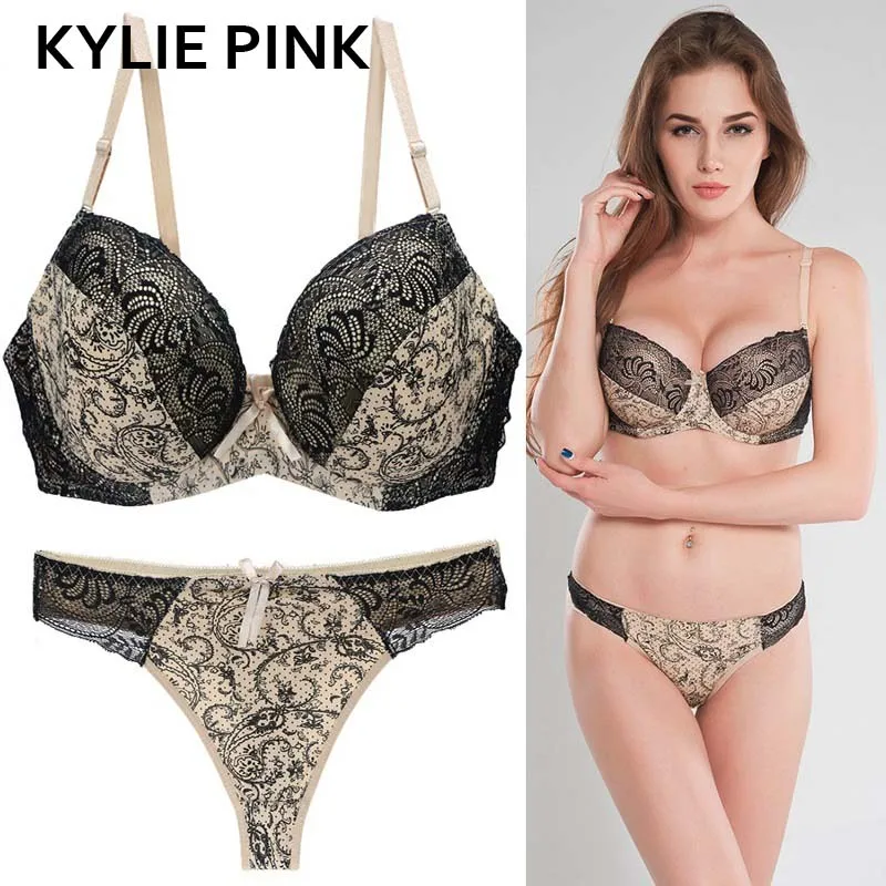 KYLIE розовый брендовый женский бюстгальтер и трусики, комплекты нижнего белья, сексуальные кружевные бюстгальтеры размера плюс, комплект нижнего белья Пуш Ап, женские бюстгальтеры