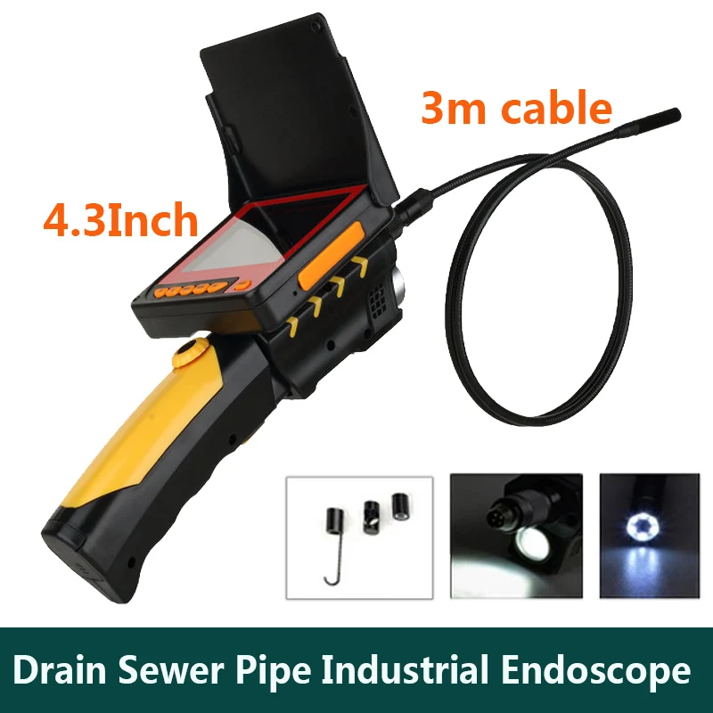 

Diameter 8.2MM Camera Head Drain Sewer Pipe Industrial Endoscope 3M Cable With 6pcs Adjustable IR LED 4.3Inch HD Display Screen