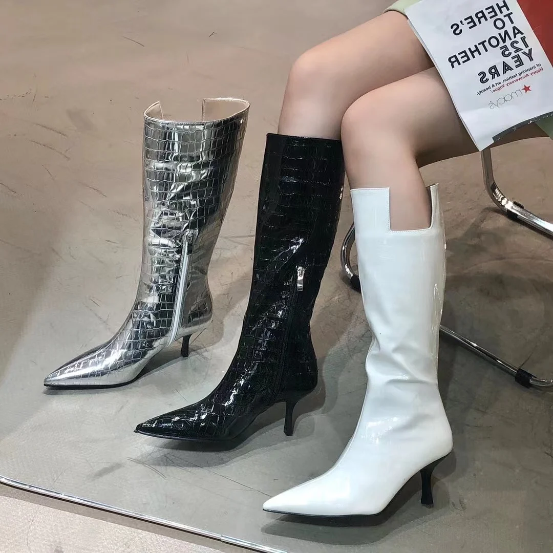 

Fashion Women Knee Booties Pointed Toe Patent Leather Thin High Heels Pumps Chelsea Booties Fashion Party Pumps Shoes Woman 39