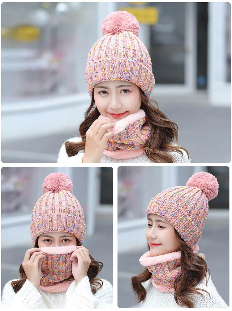 Fashion Winter Hat Scarf Set For Women Girl Warm Beanies Cap Lady Ring Scarf Pompoms Winter Hats Knitted Caps Scarf 2 Pieces
