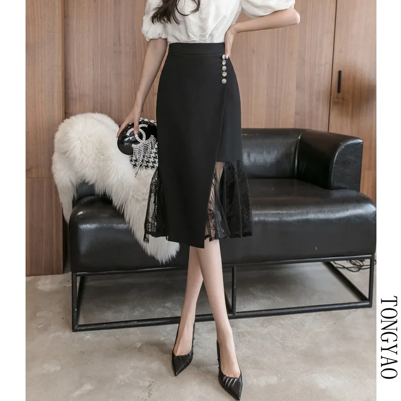 

Black skirt ladies 2021 new summer A long bag hip split high waist slim