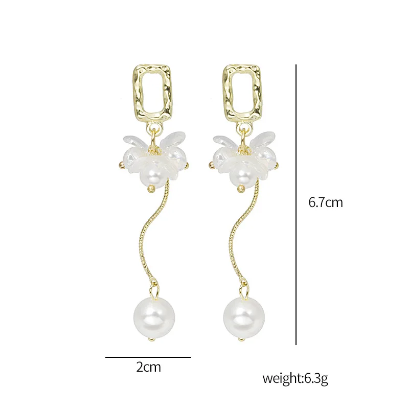 

VSnow Korean Fashion Simulation Pearl Flower Long Tassel Dangle Earring for Women Hollow Out Geometric Metallic Earring Jewelry