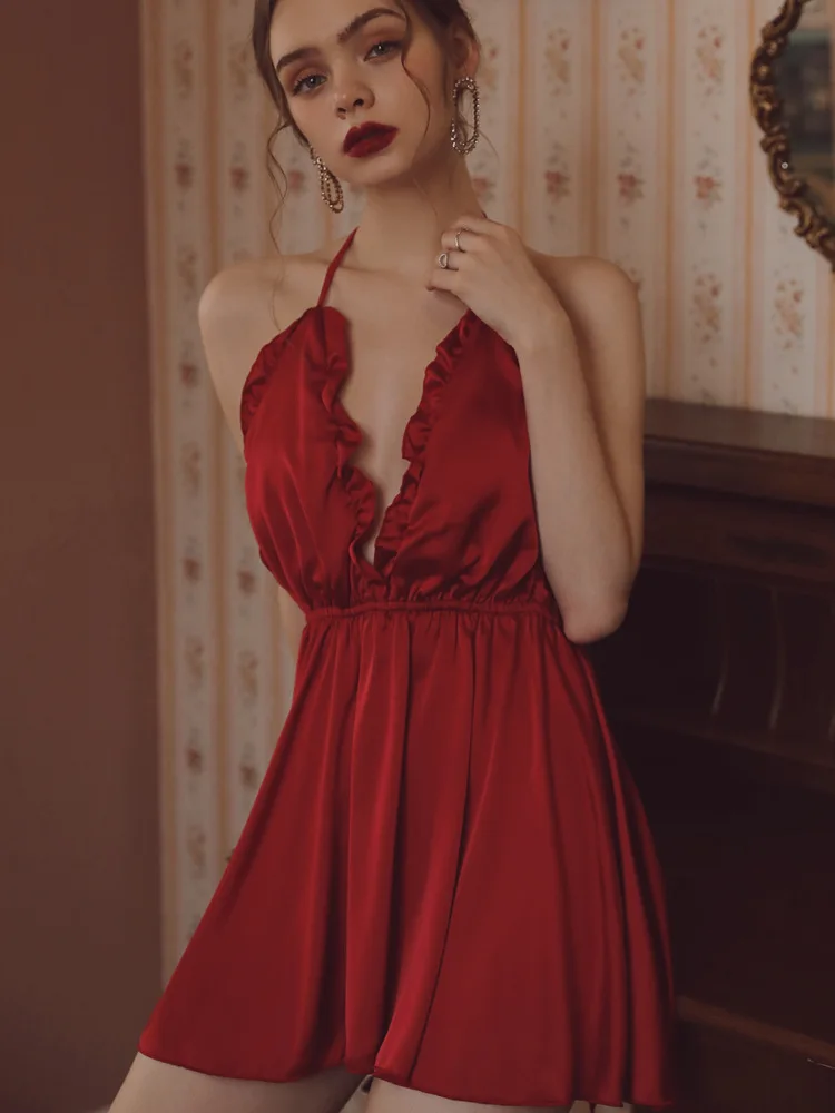 

Yueli Sexy Satin deep V strap open back nightdress Monroe fun pajamas home suspender skirt yl2060