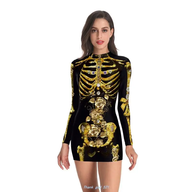 

Halloween Women Pencil Dress Autumn Punk Skull Printing O-Neck Long Sleeve Sexy Casual Skeleton Halloween Slim-fit Party Dress