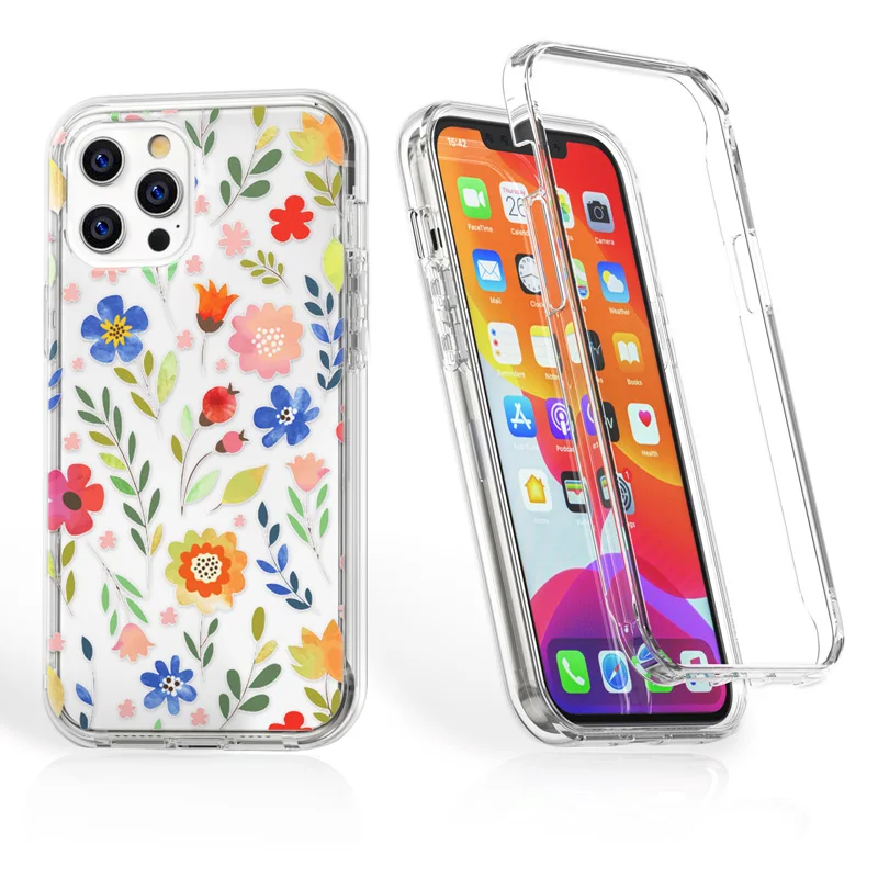 

Cute Flower Double Layer Case For iPhone 11 12 Pro Max X XS XR 7 8 Plus 12Mini Colorful Floral Clear Shockproof Two in One Cover