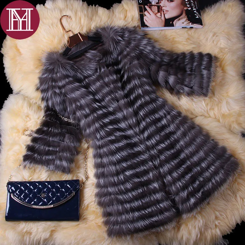 Женское пальто из натурального Меха чернобурки полосатая длинная куртка Лисьего