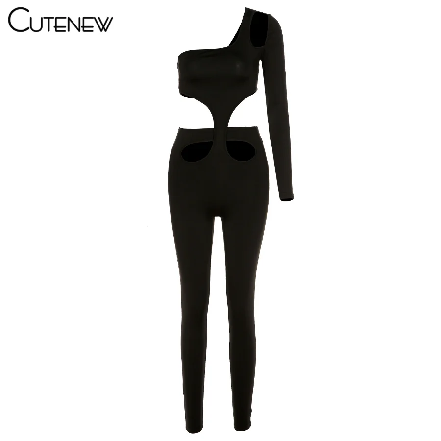 

Cutenew Sexy Hollow Out One Shoulder Long Sleeve Bodycon Rompers Women 2021 Casual Skinny Streetwear Solid Lady Jumpsuit Outfits