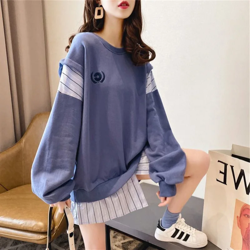 

Korean Fashion Striped Hoodies Women's 2021 Autumn Feeling Fake Two Pieces Pullovers Loose Sweatshirt Clothes
