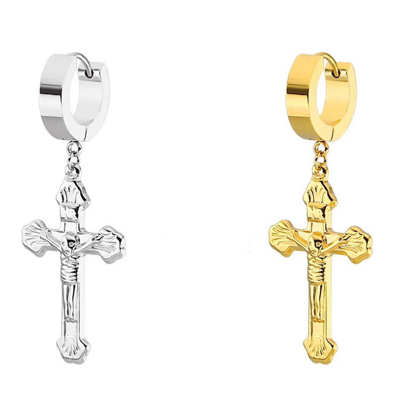 

Retro Men's Christian Cross Pendant Dangle Earrings Skull Skeleton Round Circle Drop Earring Gold Black Silver Color Jewelry