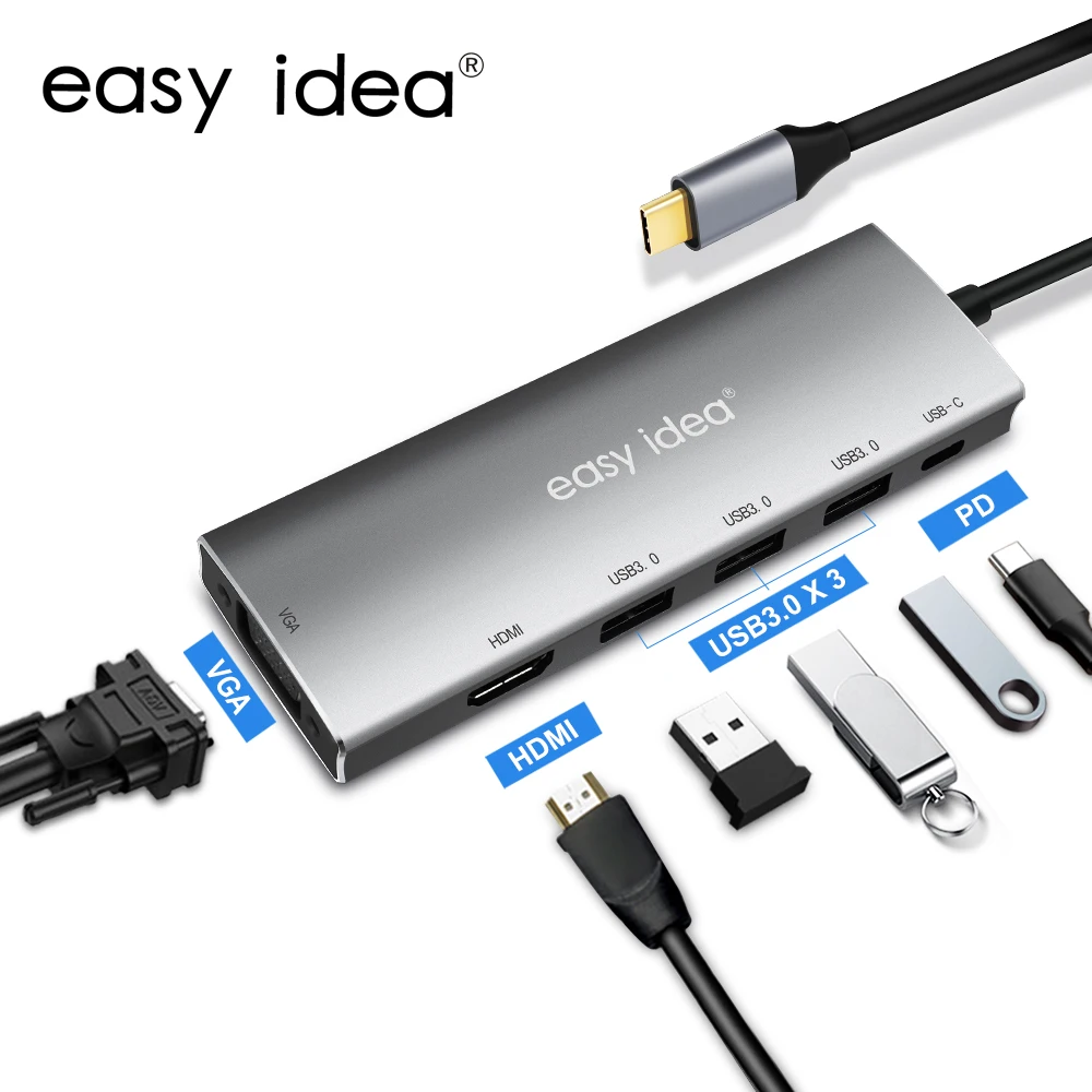 Разветвитель USB C концентратора типа 3 0 HDMI VGA несколько портов расширитель Hab для