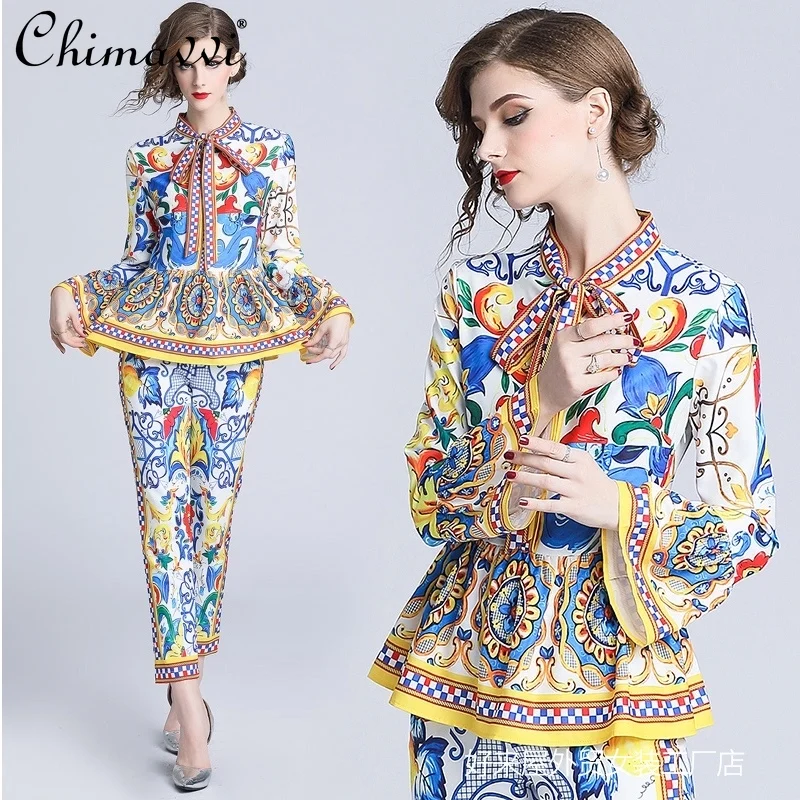 

Tracksuits Women's Long Sleeve Printing Bow Tie Shirts Blouses High Waist Skinny Cropped Pants Female 2 Piece Sets Outfits