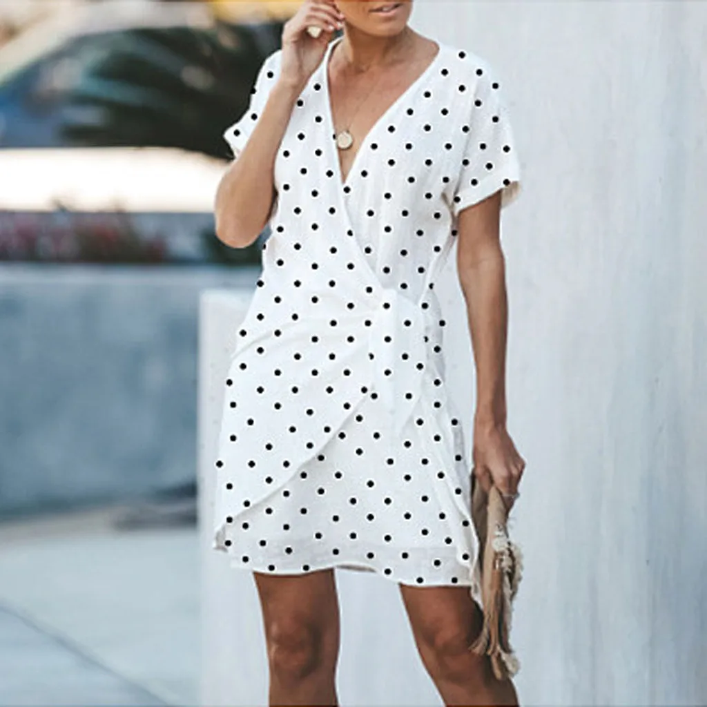 Женское пляжное платье в горошек с коротким рукавом и V образным вырезом| |