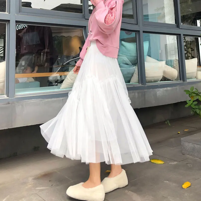 Женская длинная юбка феи белая тонкая сетчатая Осень-зима 2019 | одежда