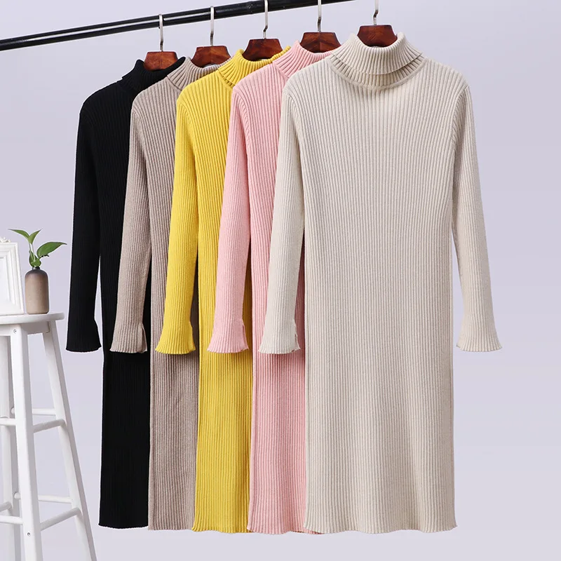 

Gkfnmt High elasticity autumn winter sweater dress women warm female Turtleneck knitted bodycon elegant club dress OL Pink