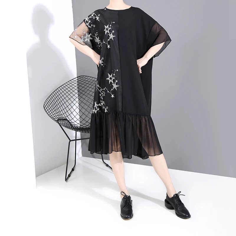Женское платье с вышивкой в виде звезд черное Повседневное из шифона средней