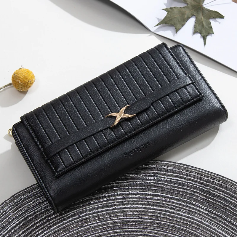 

Long Tri-fold Wallet Women New Prettyzys PU Solid Color Zipper Buckle Simple Female Clutch Large-capacity Card Holder