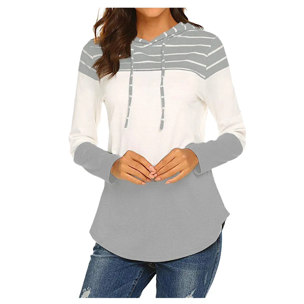 Топы с капюшоном 2019 женские повседневные толстовки в полоску свободные на