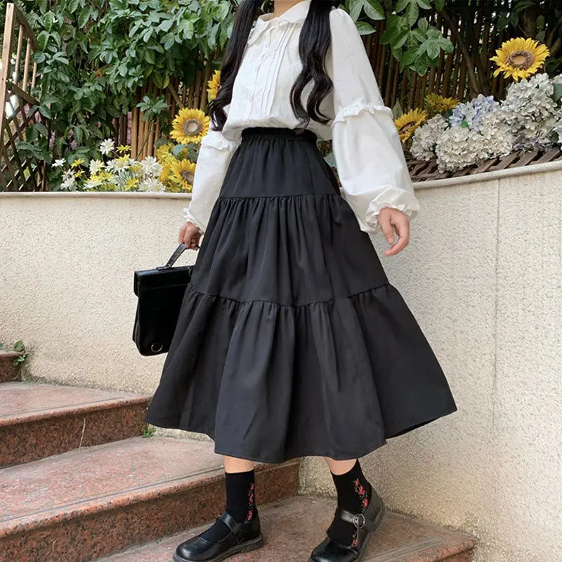 

HOUZHOU Kawaii Black Long Skirts Women Lolita White Patchwork High Waisted Midi Skirt Autumn Japanese Soft Girl Preppy Style