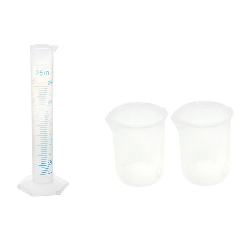 

1Pcs 25Ml Transparent Plastic Graduated Cylinder & 2Pcs 50Ml Graduated Beaker Measuring Cup for Lab