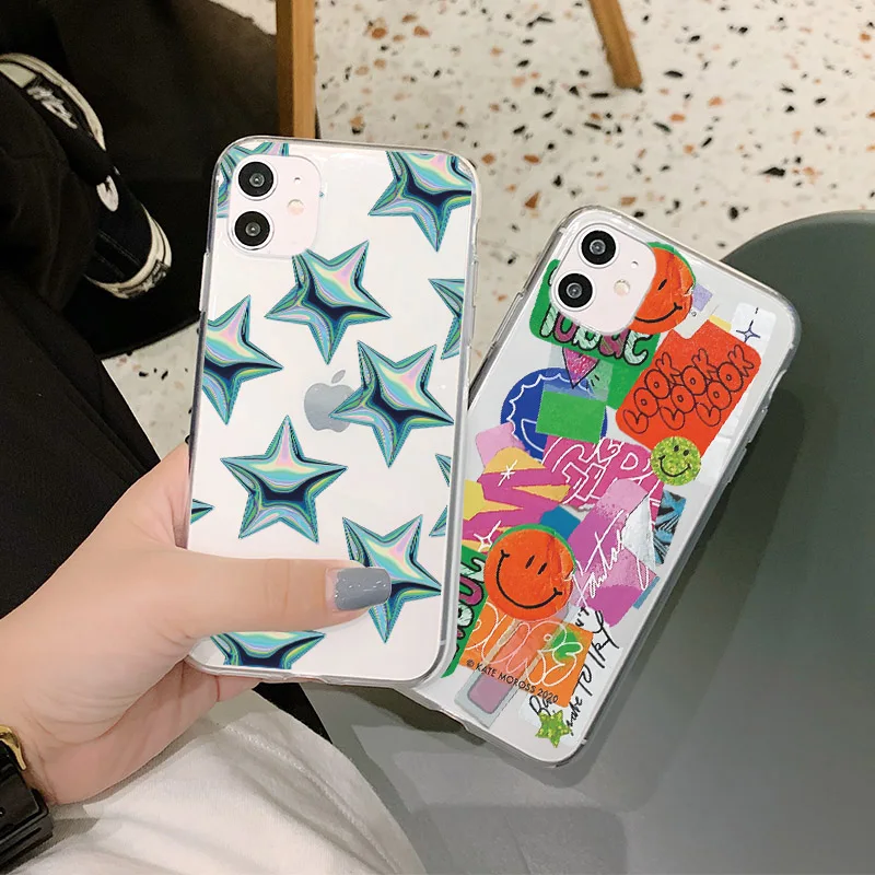 Cute Cartoon Smiley Lable Stars Phone Case For Xiaomi Mi 11 Note 10 9 lite 9t POCO X3 Redmi 8 t Pro 9s Soft Cover | Мобильные