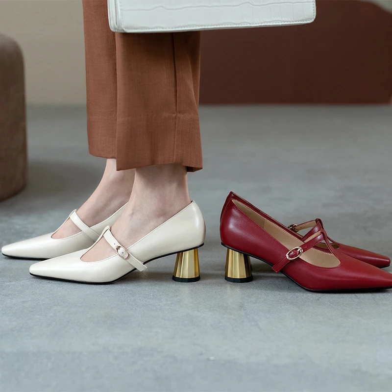 

Women Shoes Natural Leather pumps 22-24.5cm Cowhide small square head metal heel Sheepskin insole Hollow Mary Jane shoes
