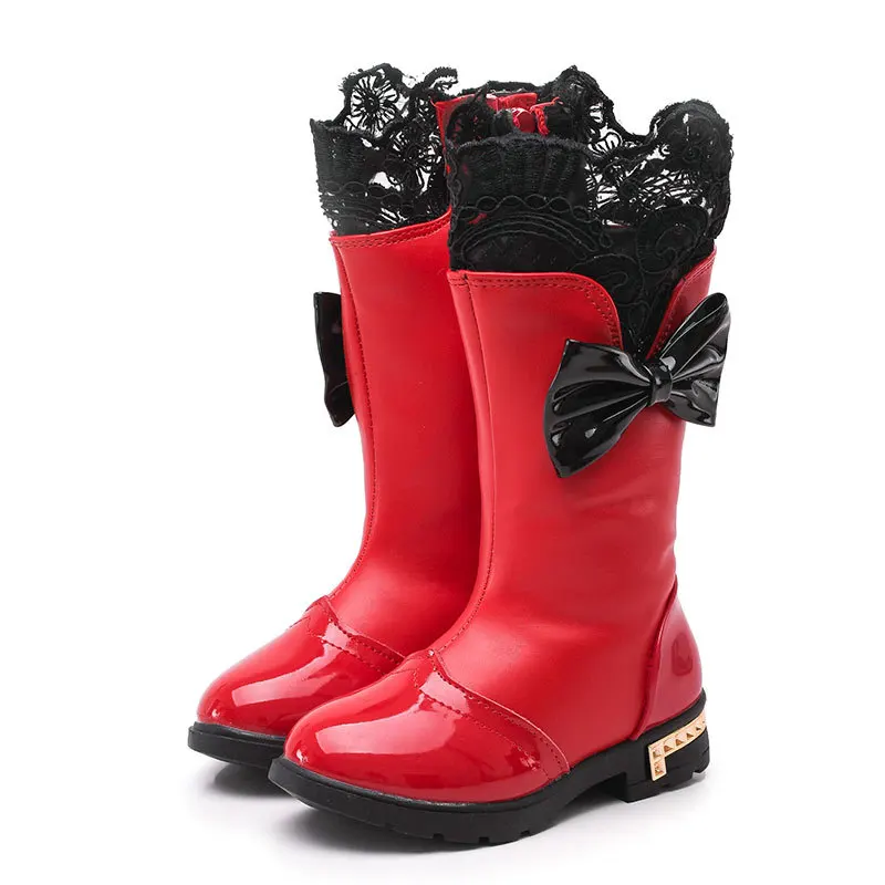 Модные высокие ботинки принцессы с кружевом и бантом водонепроницаемые из
