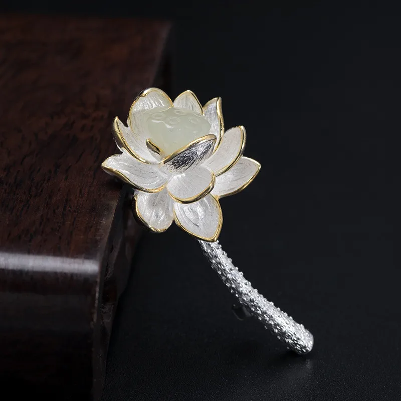 925 Sterling Silver Brooch Lotus Flower Chinese Jade Fine Jewelry Women Accessories Pins Buddhism Religion Luxury Brooches
