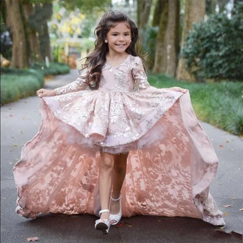 

Pink High Low Long Sleeve Flower Girl Dresses For Wedding Lace Applique Ruffles Girls Pageant Gowns Sweep Train Children Prom