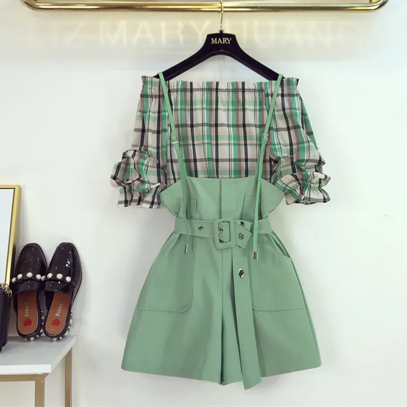 

Women Off Shoulder Slash Neck Plaid Blouse Shirt+Green Pocket Sashes Suspender Shorts Set 2021 Summer 2 Piece Pant Set Overralls