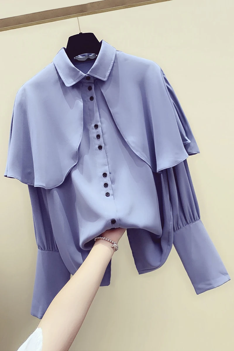 

Women's 2021 Spring Ruffle Blue Chiffon Shirt New Long-Sleeve Retro Sweet Loose-Fit Shirts Top Blusa Feminina Bluzki Damskie