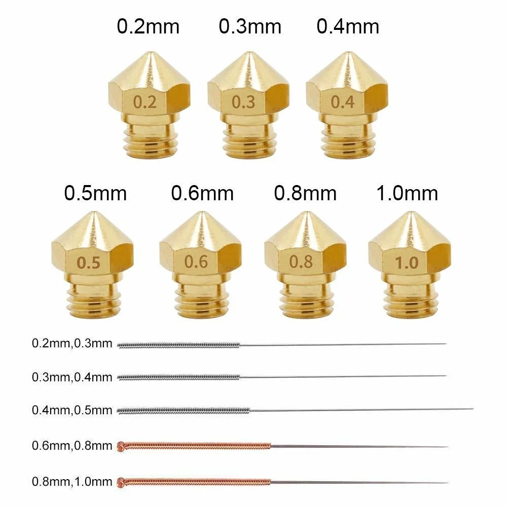 Форсунка для 3D принтера MK10, 8 латунных форсунок для экструдера M7 0,2/0,3/0,4/0,5/0,6/0,8/1,0 мм и 5 игл для чистки 1,75 мм