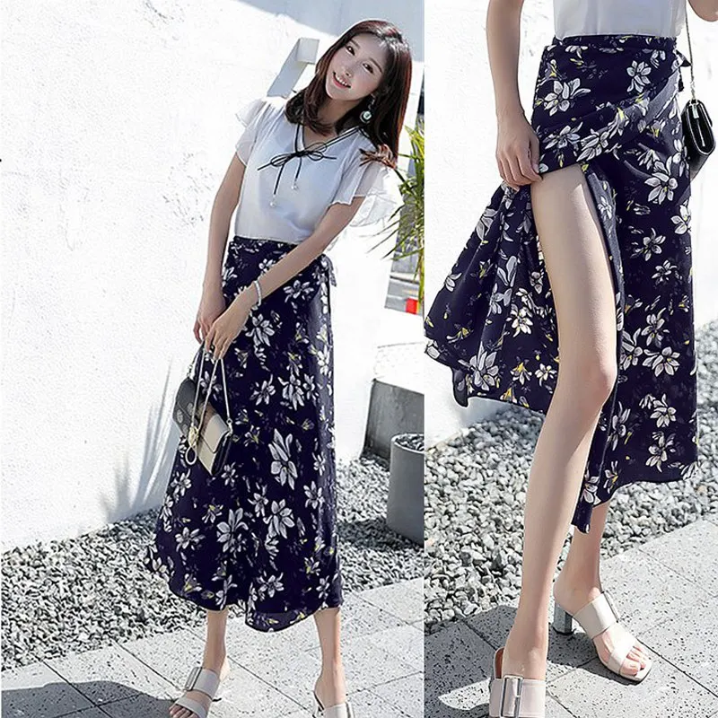 Harajuku High Waist Knotted Tied Floral Bandage Lace Up Wrap Skirt Midi with Slit Beach Split Chiffon Boho Maxi Clothing Female