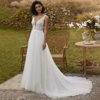 simple tulle v neck sleeveless wedding dresses 2021 corset lace appliques sexy backless bridal gowns vestidos de novia