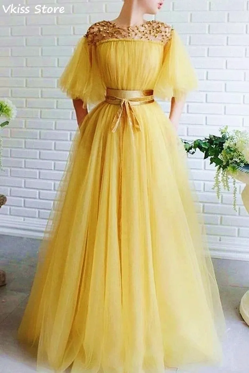 

Желтое вечернее платье с круглым вырезом и пышными рукавами трапециевидной формы длиной до пола, украшенное бусинами и блестками, Простое Элегантное платье для выпускного вечера