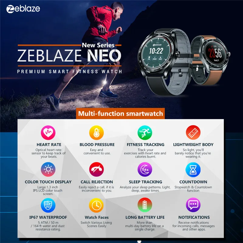 Zeblaze NEO Series цветные умные часы с сенсорным дисплеем для измерения артериального