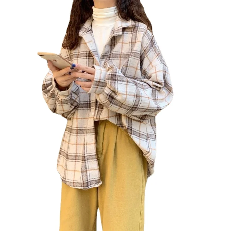 

2021Women Blouses Turn-down Collar Spring Shirts Plaid All-match Batwing-sleeve Loose Outwear Harajuku Female 4 Colors Chic New