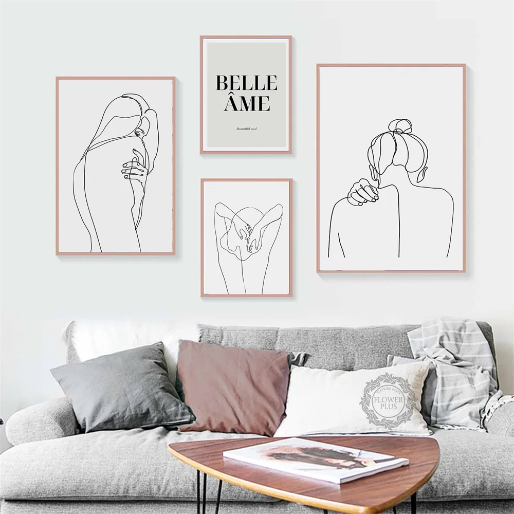 Черный белый цвет линии девушка голая настенные художественные плакаты и принты