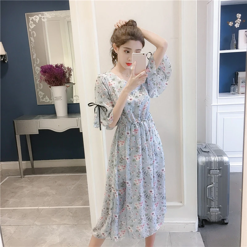 Летнее шифоновое женское платье с принтом Kawaii, до середины икры, с расклешенными рукавами, с v-образным вырезом, офисное винтажное вечернее платье, vestidos, милая одежда