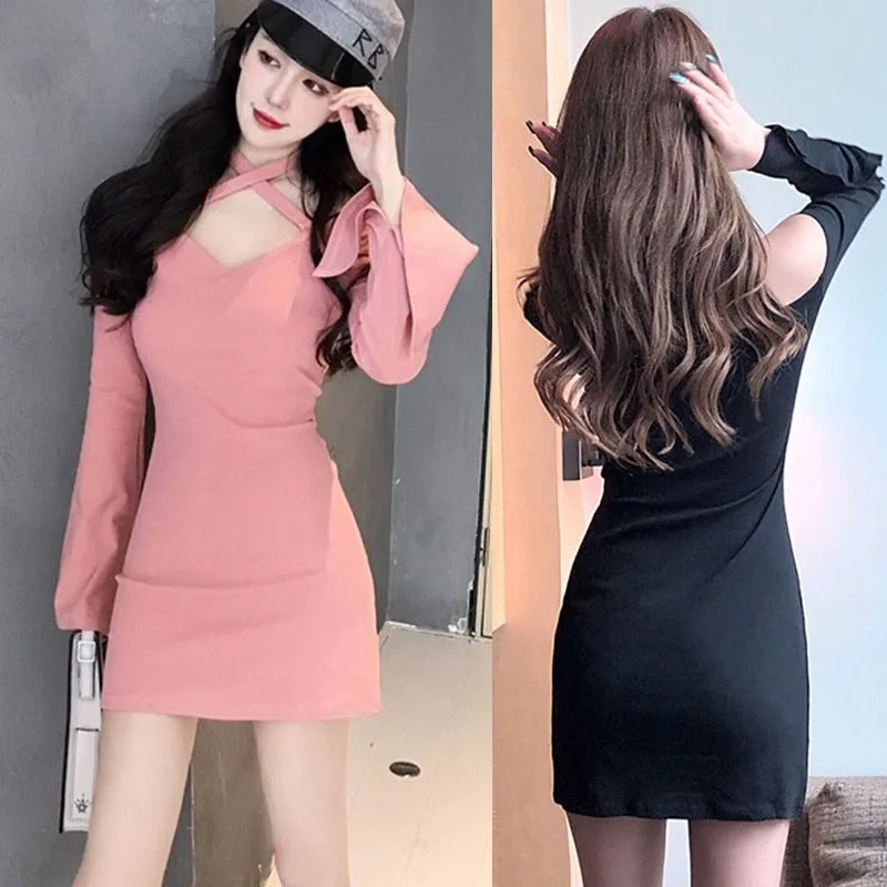

Z Hot Sale Dress Women Sexy Halter Strapless Hanging Neck Flare Sleeve Slim Solid Color Fit And Flare Long Sleeve Dress!