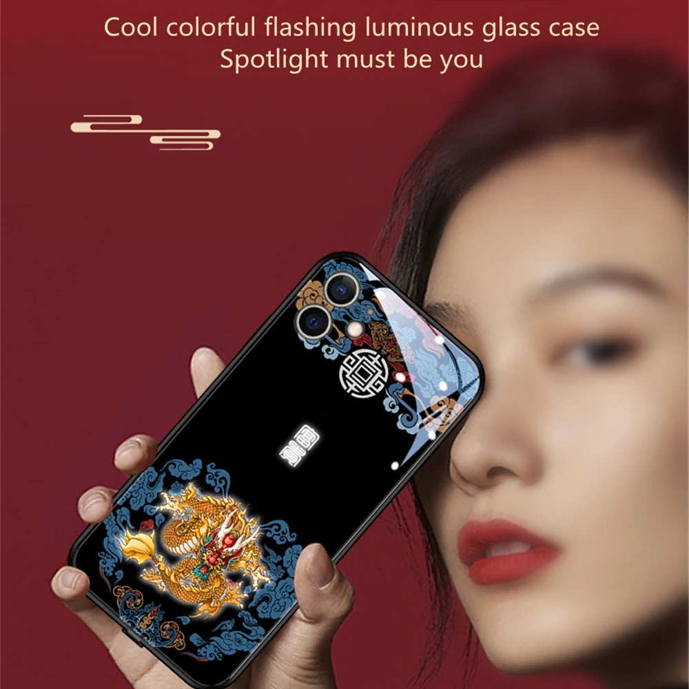 Ceny Moda Chiński Styl Powodzenia Szkło Twarde LED Etui Na Telefony Dla IPhone 14 13 12 11 Pro Max żuraw Smok Totem Zwierząt Tylna Okładka